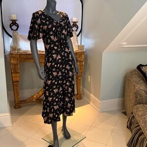 Casual Corner Pink and Black Ruffled Midi Dress